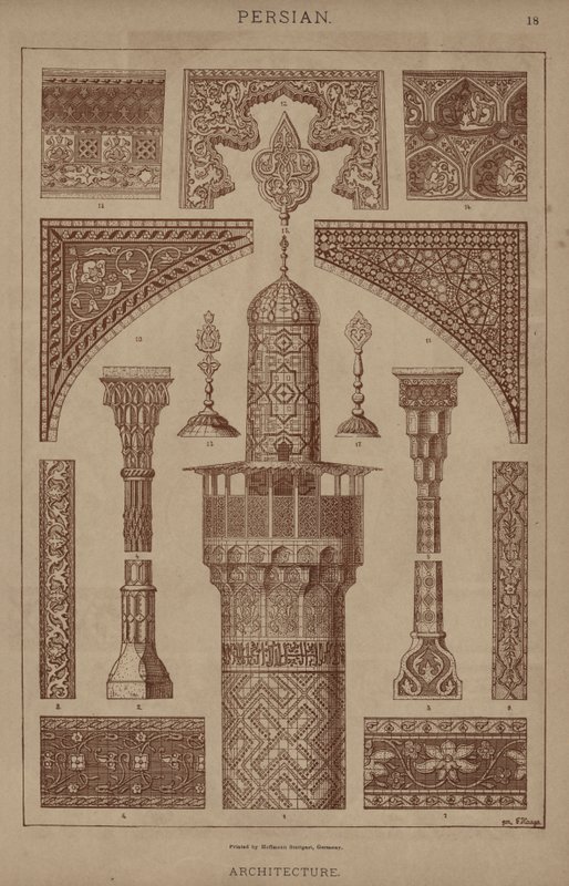 Persiska, arkitektur (färg litho) av German School