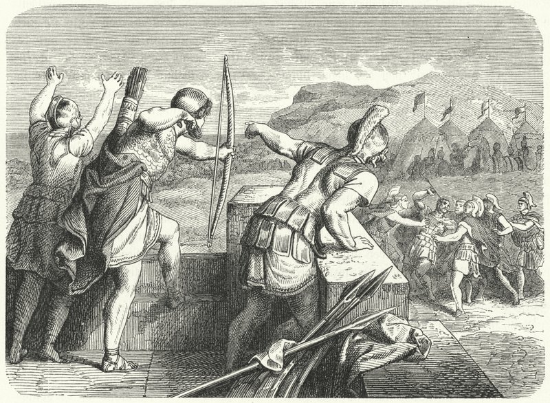 Filip II av Makedonien skadad i ögat vid belägringen av Methone, 355 f.Kr. (gravyr) av German School