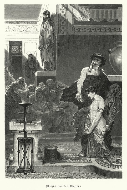 Phryne, antik grekisk kurtisan, åtalad för gudlöshet, 300-talet f.Kr. (gravyr) av German School