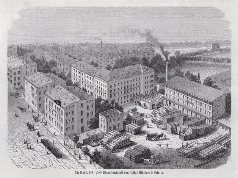 Pianofabrik av Julius Bluethner, Leipzig, Tyskland (gravyr) av German School