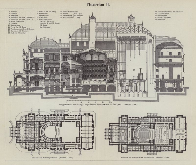 Plan över det ungerska kungliga operahuset, Budapest (gravyr) av German School