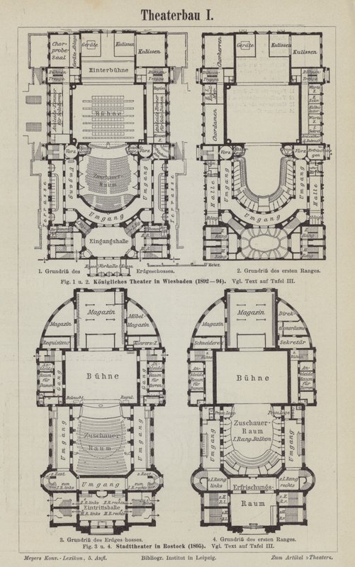 Planer av Kungliga Teatern, Wiesbaden och Stadsteatern, Rostock, Tyskland (gravyr) av German School