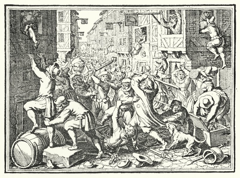 Plundringen av Judengasse, det judiska gettot i Frankfurt, i Fettmilch-upproret, 1614 av German School
