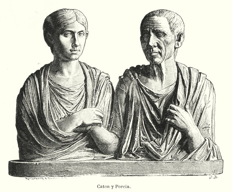 Porcia och Cato, antik romersk gravsten (litho) av German School