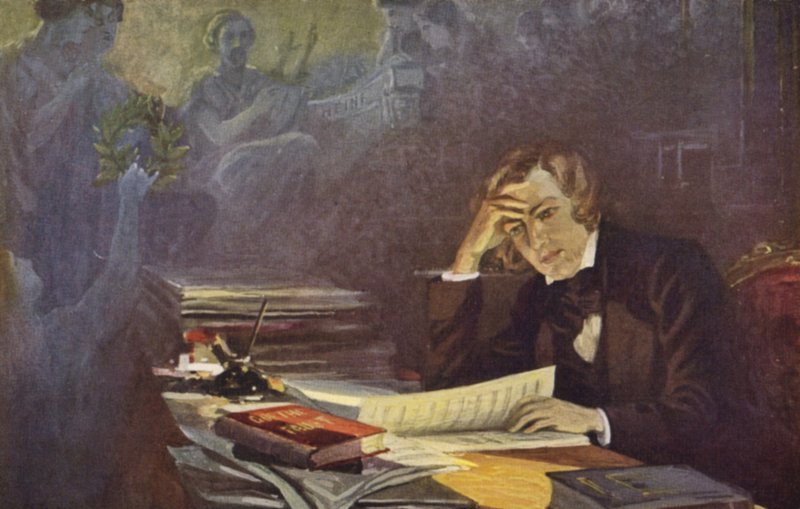 Porträtt av Robert Schumann (färglitografi) av German School