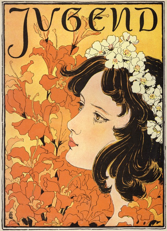 Porträtt av en flicka med blommor i håret (färg litho) av German School