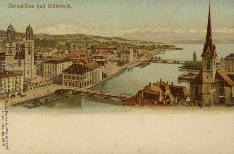 Vykort som visar en allmän bild av staden Zürich av German School