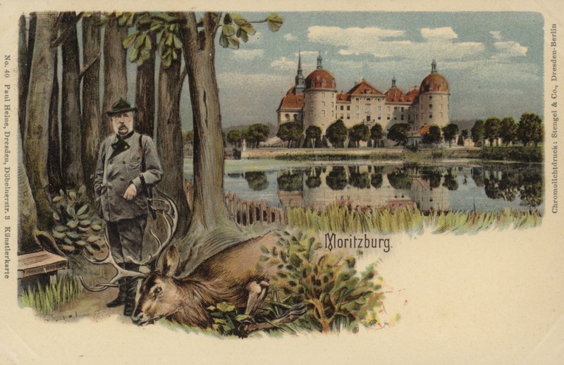 Vykort som föreställer en man med en skjuten hjort med Moritzburgs slott i bakgrunden av German School