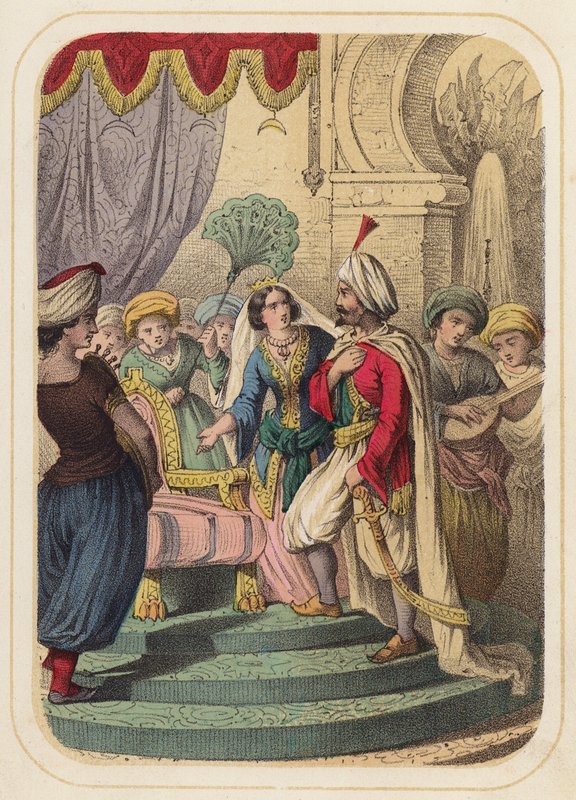 Prins Agib i en scen från Tusen och en natt (färg litho) av German School