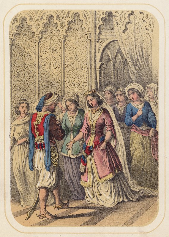 Prins Ahmed och prinsessan Paribanou i en scen från Tusen och en natt (färg litho) av German School