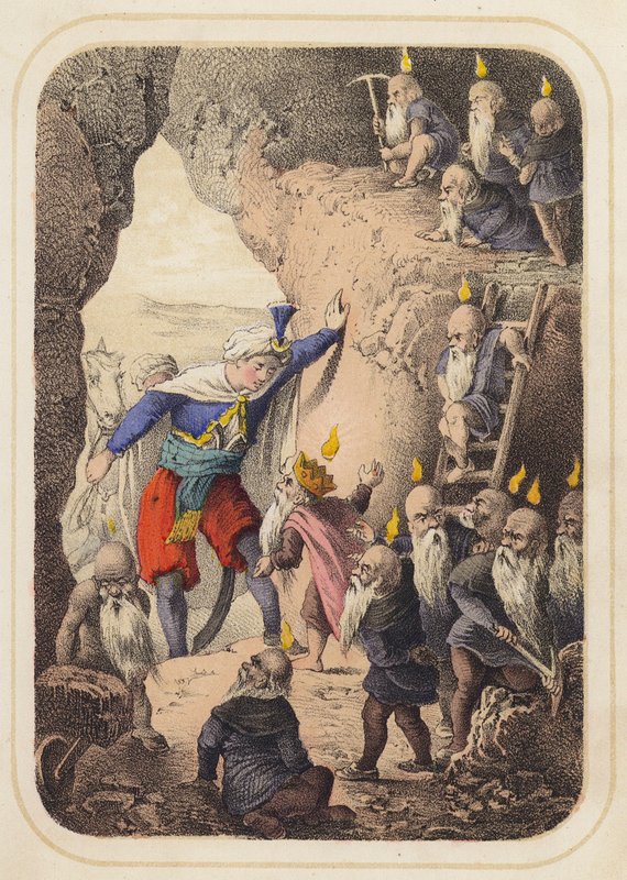 Prince of Sindh i en scen från Tusen och en natt (färg litho) av German School