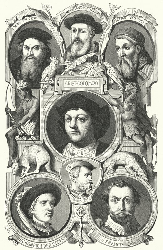 Framstående figurer från upptäckternas tidsålder (gravyr) av German School