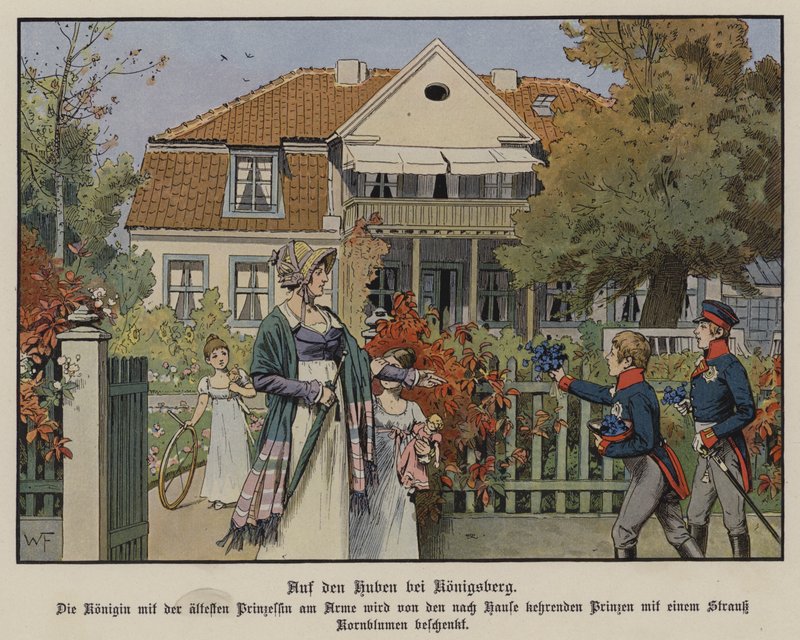 Drottning Louise av Preussen och hennes barn i Konigsberg, Östra Preussen (färg litho) av German School