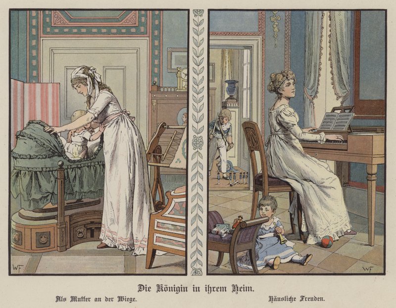 Drottning Louise av Preussen hemma (färg litho) av German School