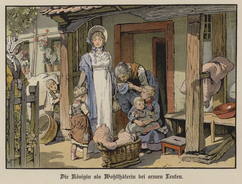 Drottning Louise av Preussen, välgörare åt de fattiga (färg litho) av German School