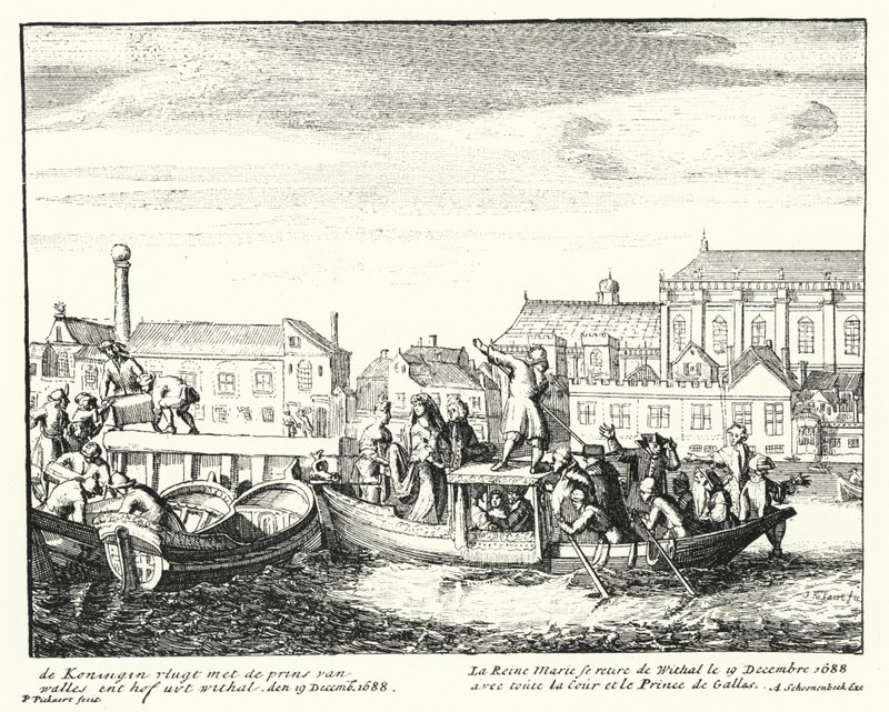Drottning Mary, gemål till kung James II, flyr England med prinsen av Wales och hela hennes hov, december 1688 (gravyr) av German School