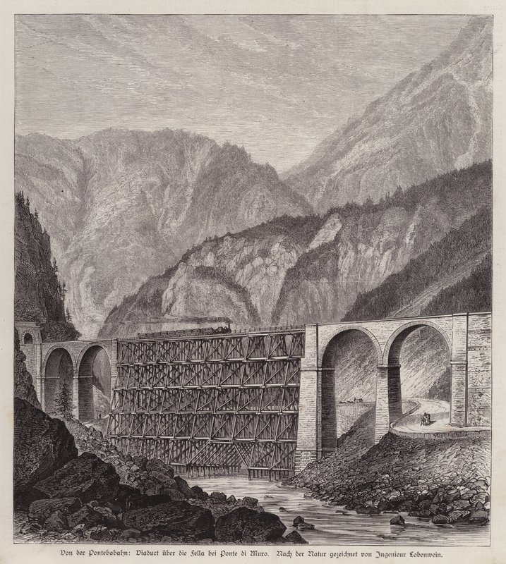 Järnvägsviadukt över floden Fella vid Ponte di Muro, Friuli, Italien (gravyr) av German School