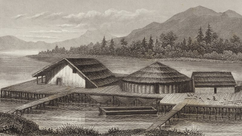 Rekonstruktion av en gammal sjöby. Illustration för Bilder-Atlas (gravyr) av German School