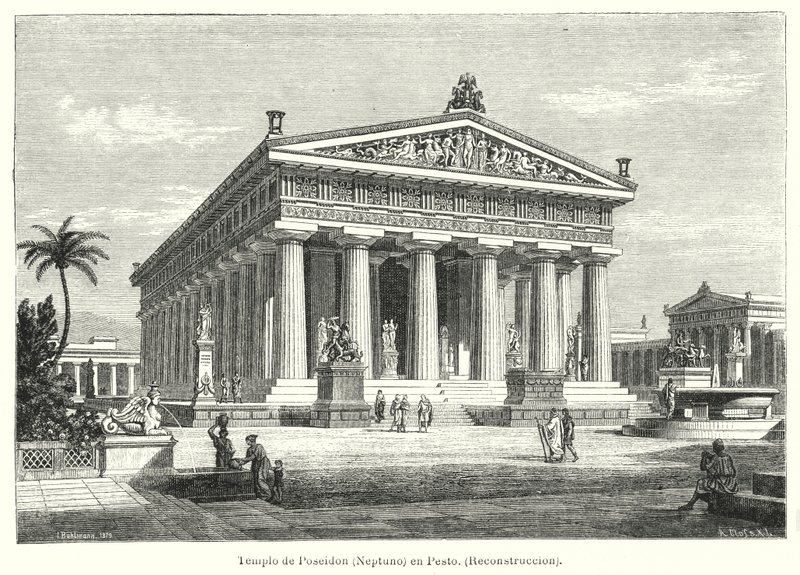 Rekonstruktion av det antika grekiska templet Poseidon, Paestum, Italien (litho) av German School