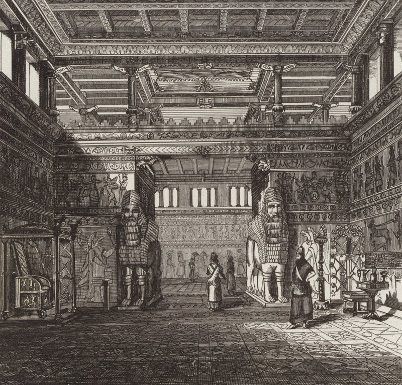 Rekonstruktion av en assyrisk kungs hall. Illustration för Bilder-Atlas (gravyr) av German School