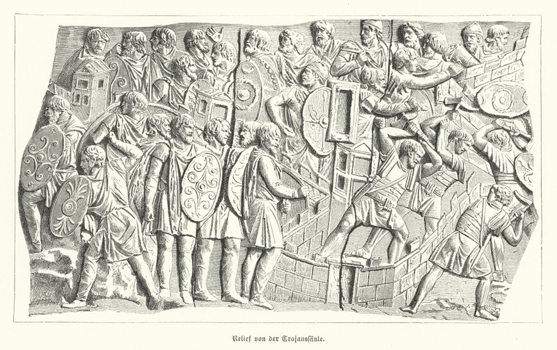Relief från Trajanus kolumn, Rom, föreställande romarna som besegrar dacierna (gravyr) av German School