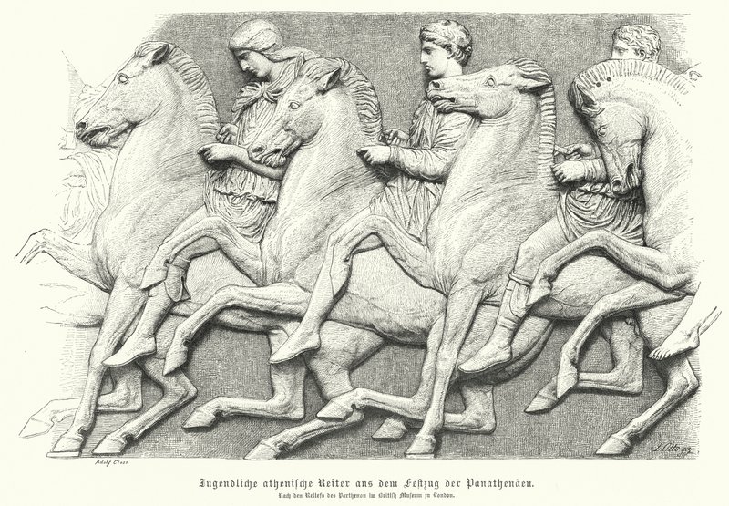 Relief från Parthenonfrisen föreställande atenska ungdomar som rider på hästar (gravyr) av German School