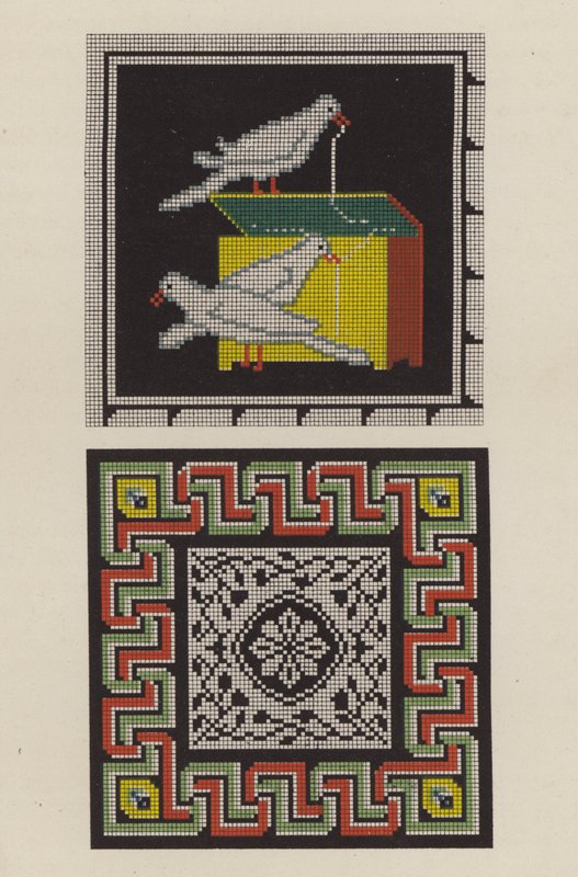Reproduktion av en golvmosaik från Pompeji som ett stycke broderi (chromolitho) av German School