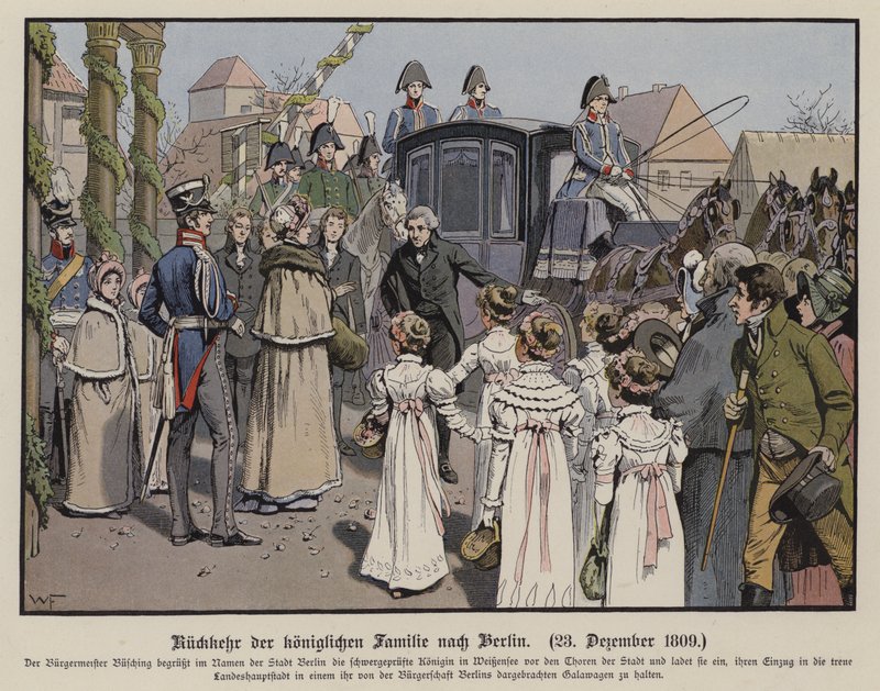 Den preussiska kungafamiljens återkomst till Berlin, 23 december 1809 (färg litho) av German School