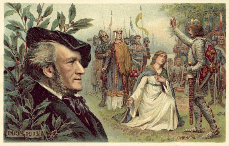 Richard Wagner och en scen ur hans opera Lohengrin av German School
