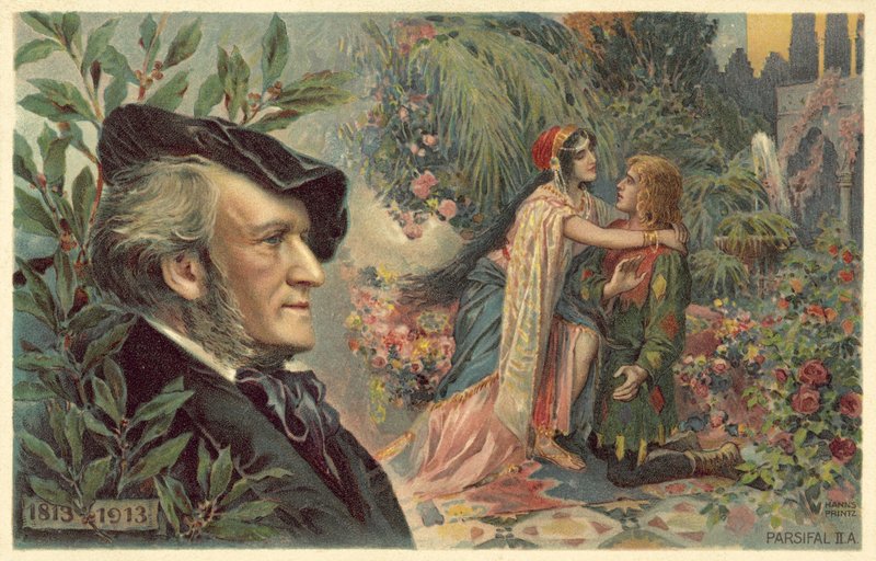 Richard Wagner och en scen ur hans opera Parsifal av German School