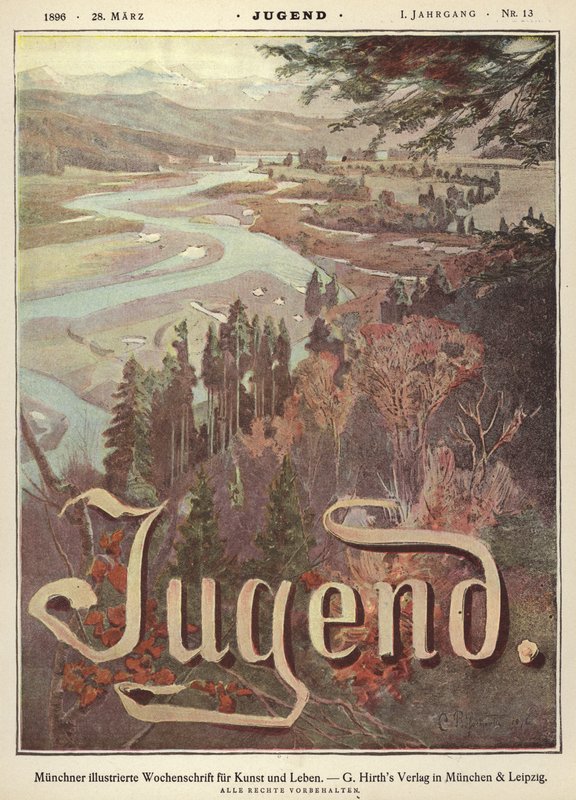 Floddalslandskap (färg litho) av German School