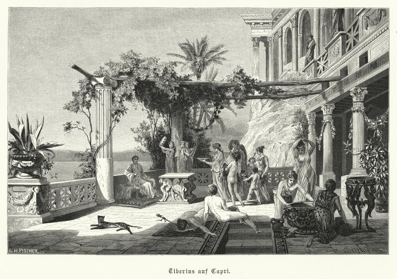 Romerske kejsaren Tiberius på ön Capri (gravyr) av German School