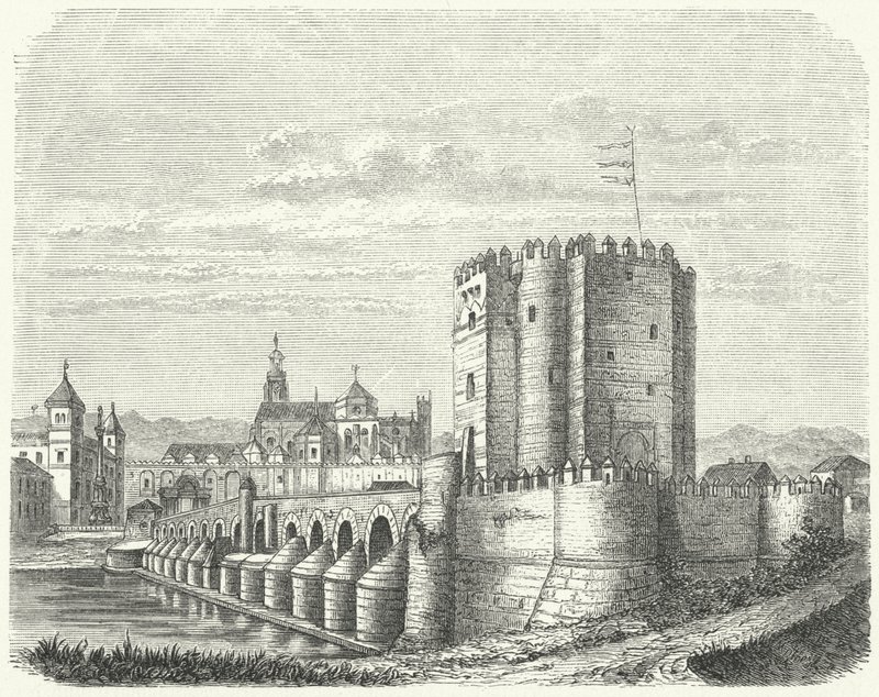 Romersk bro och stora moskén i Cordoba, Spanien (gravyr) av German School