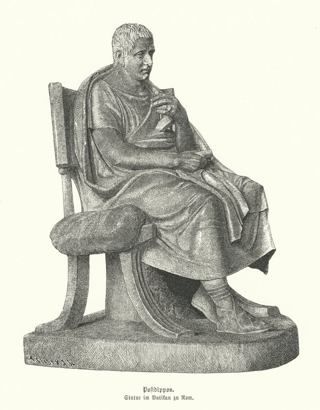 Romersk kopia av en staty av den antika grekiska komiska poeten Posidippus (gravyr) av German School