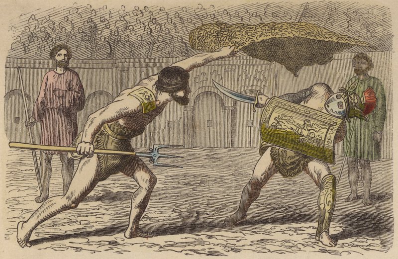 Romerska gladiatorer: en retiarius som slåss mot en samnit (färgad gravyr) av German School