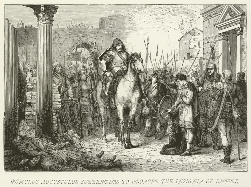 Romulus Augustulus överlämnar till Odoacer Imperiets insignier av German School