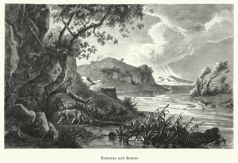 Romulus och Remus, legendariska grundare av det antika Rom, som dias av hon-vargen i vildmarken (gravyr) av German School