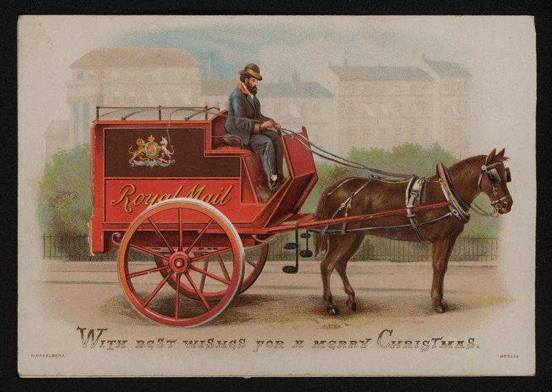 Royal Mail van, julhälsningskort, sent 1800-tal eller tidigt 1900-tal (chromolitho) av German School