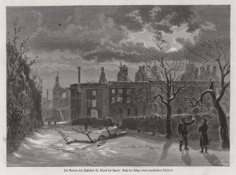 Ruinerna av Chateau de Saint-Cloud, Paris, förstördes av preussisk beskjutning 1870 under det fransk-preussiska kriget (gravyr) av German School