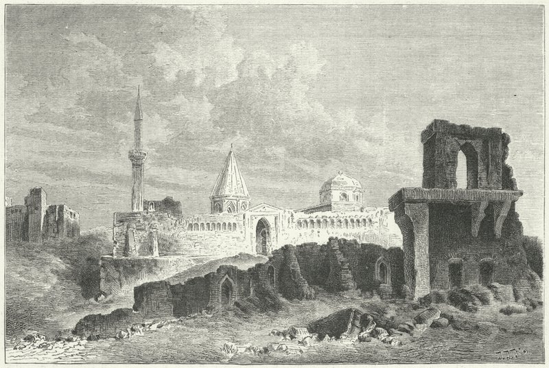 Ruinerna av Seljukernas palats i Konya, Turkiet (gravyr) av German School