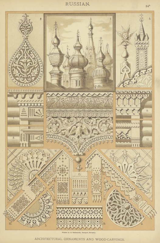 Ryska, arkitektoniska ornament och träsniderier (lito i färg) av German School