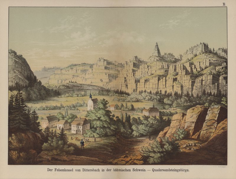 Sandstensberg i "Bohemiska Schweiz", Jetrichovice (Dittersbach), Tjeckien (färg litho) av German School