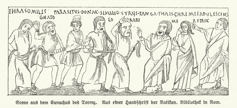 Scen från Eunuchus (The Eunuch), komedi av den romerske dramatikern Terence (litho) av German School