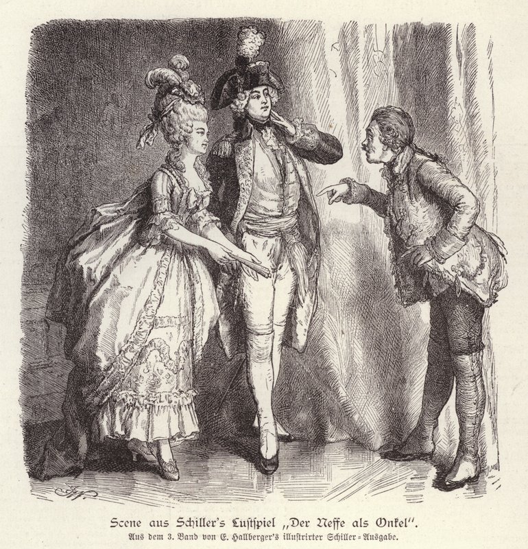 Scen ur Friedrich Schillers komedi Der Neffe als Onkel (brorsonen som farbror) (gravyr) av German School