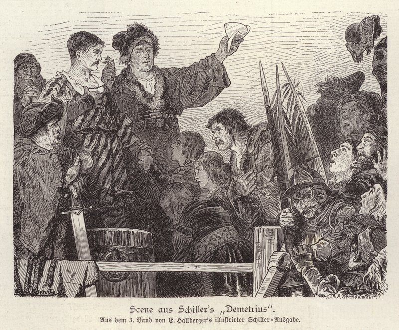 Scen från Friedrich Schillers oavslutade pjäs Demetrius (gravyr) av German School