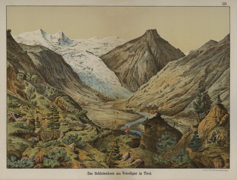 Schlatenkees-glaciären på Venediger, Tyrolen, Österrike (färg litho) av German School