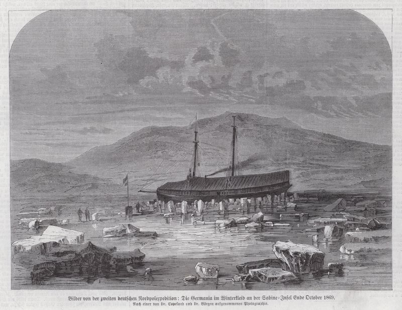 Schooner Germania på Sabine Island utanför Grönlands östkust, andra tyska nordpolarexpeditionen, slutet av oktober 1869 (gravyr) av German School