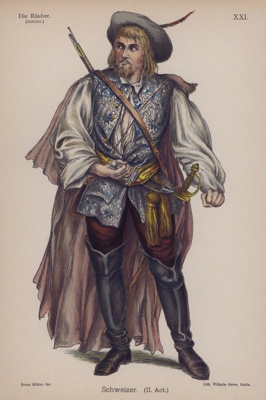 Schweizer, från Die Rauber (Rånarna) av Friedrich Schiller (färg litho) av German School