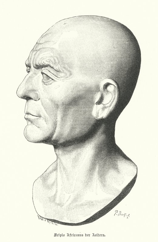 Scipio Africanus den äldre, romersk general för de puniska krigen (gravyr) av German School