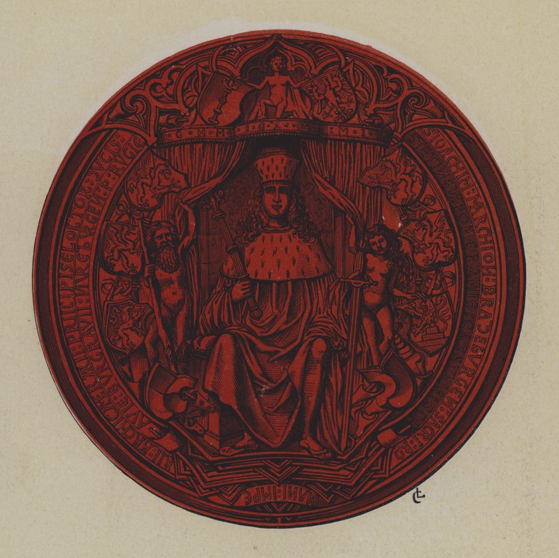 Sigill av Joachim I och Joachim II, kurfurstar av Brandenburg (färg litho) av German School